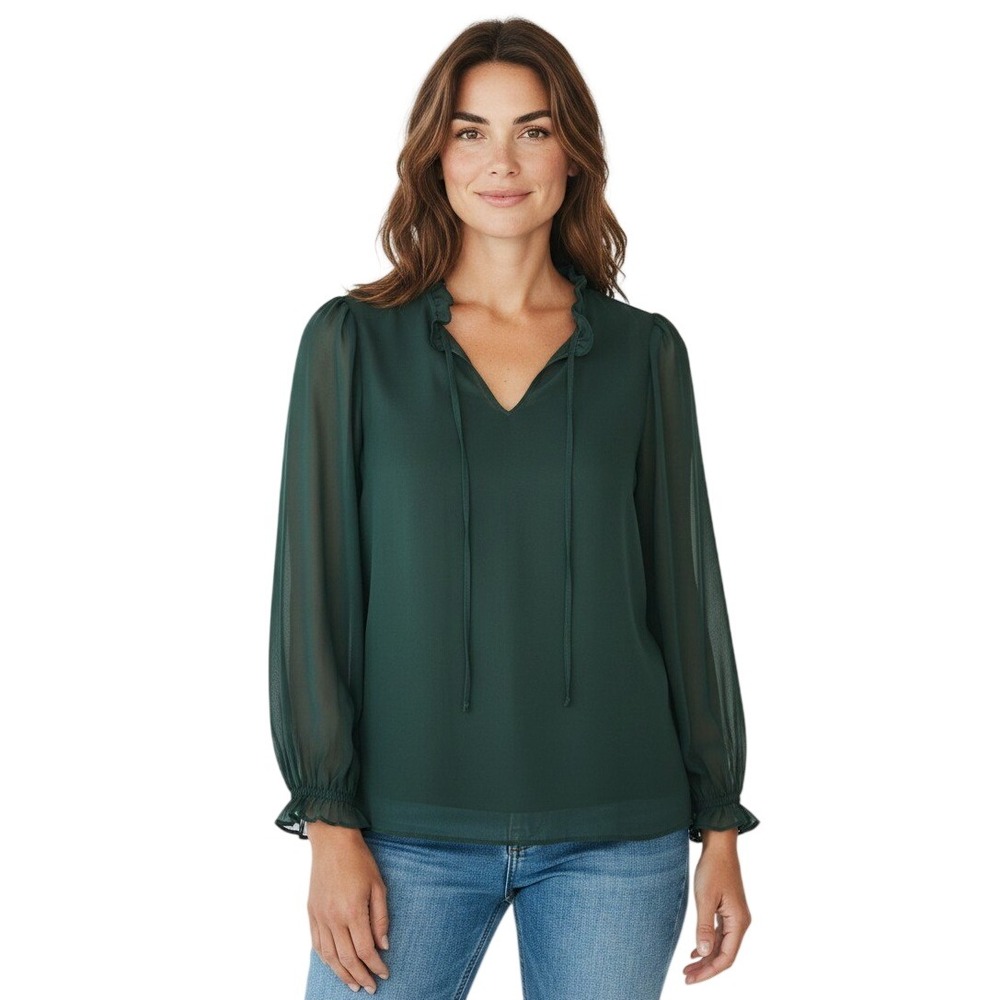 Ridley London Silk Chiffon Ruffle Tie Neck Blouse Forest Green Sheer Top Size 10